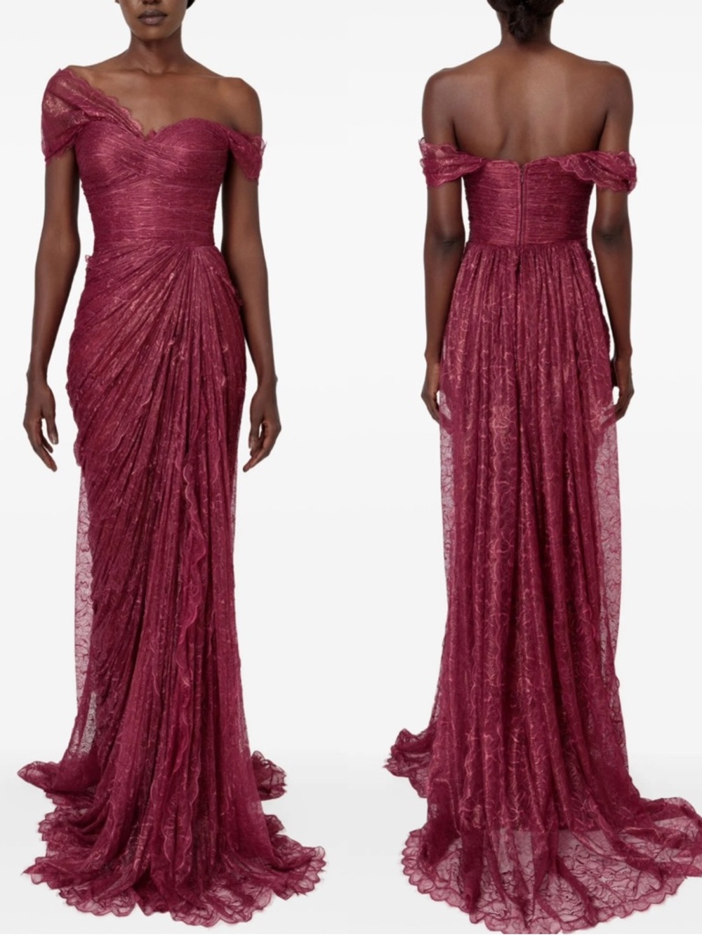 Iris Serban Eleria Silk Draped Off The Shoulder Lace Maxi Evening Gown Small NEW
